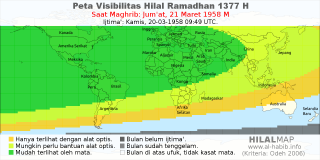 HilalMap: Peta Visibilitas Hilal Ramadhan 1377 H: rukyat tanggal 1958-3-21 M