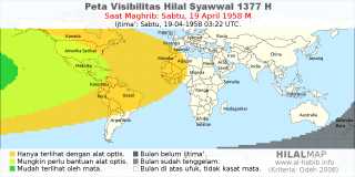 HilalMap: Peta Visibilitas Hilal Syawwal 1377 H: rukyat tanggal 1958-4-19 M
