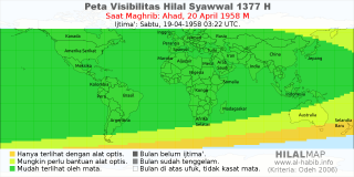 HilalMap: Peta Visibilitas Hilal Syawwal 1377 H: rukyat tanggal 1958-4-20 M