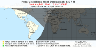 HilalMap: Peta Visibilitas Hilal Dzulqaidah 1377 H: rukyat tanggal 1958-5-18 M