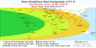 HilalMap: Peta Visibilitas Hilal Dzulqaidah 1377 H: rukyat tanggal 1958-5-19 M