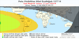 HilalMap: Peta Visibilitas Hilal Dzulhijjah 1377 H: rukyat tanggal 1958-6-17 M