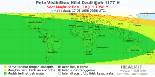 HilalMap: Peta Visibilitas Hilal Dzulhijjah 1377 H: rukyat tanggal 1958-6-18 M