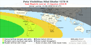 HilalMap: Peta Visibilitas Hilal Shafar 1378 H: rukyat tanggal 1958-8-15 M
