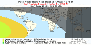 HilalMap: Peta Visibilitas Hilal Rabiul-Awwal 1378 H: rukyat tanggal 1958-9-13 M