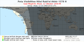 HilalMap: Peta Visibilitas Hilal Rabiul-Akhir 1378 H: rukyat tanggal 1958-10-12 M