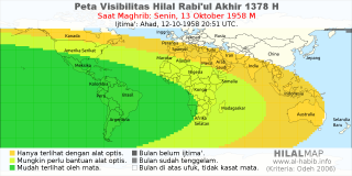 HilalMap: Peta Visibilitas Hilal Rabiul-Akhir 1378 H: rukyat tanggal 1958-10-13 M