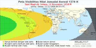 HilalMap: Peta Visibilitas Hilal Jumadal-Awwal 1378 H: rukyat tanggal 1958-11-11 M
