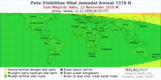 HilalMap: Peta Visibilitas Hilal Jumadal-Awwal 1378 H: rukyat tanggal 1958-11-12 M