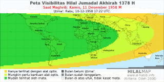 HilalMap: Peta Visibilitas Hilal Jumadal-Akhirah 1378 H: rukyat tanggal 1958-12-11 M