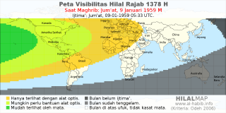 HilalMap: Peta Visibilitas Hilal Rajab 1378 H: rukyat tanggal 1959-1-9 M