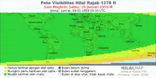 HilalMap: Peta Visibilitas Hilal Rajab 1378 H: rukyat tanggal 1959-1-10 M