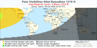 HilalMap: Peta Visibilitas Hilal Ramadhan 1378 H: rukyat tanggal 1959-3-9 M