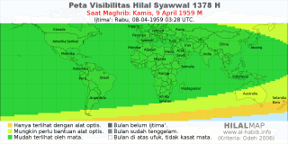HilalMap: Peta Visibilitas Hilal Syawwal 1378 H: rukyat tanggal 1959-4-9 M