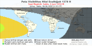 HilalMap: Peta Visibilitas Hilal Dzulhijjah 1378 H: rukyat tanggal 1959-6-6 M