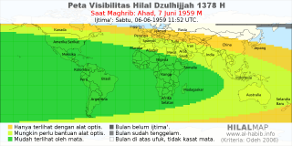 HilalMap: Peta Visibilitas Hilal Dzulhijjah 1378 H: rukyat tanggal 1959-6-7 M
