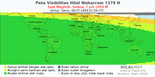 HilalMap: Peta Visibilitas Hilal Muharram 1379 H: rukyat tanggal 1959-7-7 M