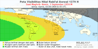 HilalMap: Peta Visibilitas Hilal Rabiul-Awwal 1379 H: rukyat tanggal 1959-9-3 M