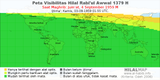 HilalMap: Peta Visibilitas Hilal Rabiul-Awwal 1379 H: rukyat tanggal 1959-9-4 M