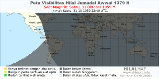 HilalMap: Peta Visibilitas Hilal Jumadal-Awwal 1379 H: rukyat tanggal 1959-10-31 M