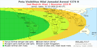 HilalMap: Peta Visibilitas Hilal Jumadal-Awwal 1379 H: rukyat tanggal 1959-11-1 M