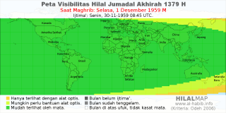 HilalMap: Peta Visibilitas Hilal Jumadal-Akhirah 1379 H: rukyat tanggal 1959-12-1 M
