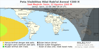 HilalMap: Peta Visibilitas Hilal Rabiul-Awwal 1380 H: rukyat tanggal 1960-8-22 M