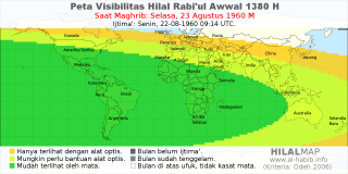 HilalMap: Peta Visibilitas Hilal Rabiul-Awwal 1380 H: rukyat tanggal 1960-8-23 M