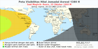 HilalMap: Peta Visibilitas Hilal Jumadal-Awwal 1380 H: rukyat tanggal 1960-10-20 M