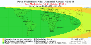HilalMap: Peta Visibilitas Hilal Jumadal-Awwal 1380 H: rukyat tanggal 1960-10-21 M