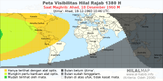 HilalMap: Peta Visibilitas Hilal Rajab 1380 H: rukyat tanggal 1960-12-18 M