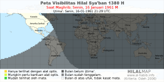 HilalMap: Peta Visibilitas Hilal Syaban 1380 H: rukyat tanggal 1961-1-16 M