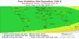 HilalMap: Peta Visibilitas Hilal Ramadhan 1380 H: rukyat tanggal 1961-2-16 M