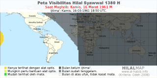 HilalMap: Peta Visibilitas Hilal Syawwal 1380 H: rukyat tanggal 1961-3-16 M
