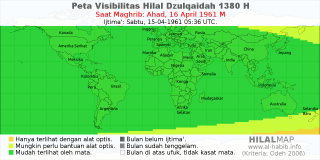 HilalMap: Peta Visibilitas Hilal Dzulqaidah 1380 H: rukyat tanggal 1961-4-16 M