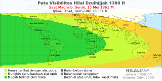 HilalMap: Peta Visibilitas Hilal Dzulhijjah 1380 H: rukyat tanggal 1961-5-15 M