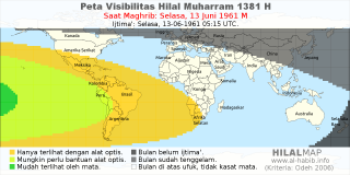 HilalMap: Peta Visibilitas Hilal Muharram 1381 H: rukyat tanggal 1961-6-13 M