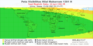 HilalMap: Peta Visibilitas Hilal Muharram 1381 H: rukyat tanggal 1961-6-14 M