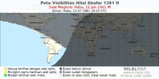 HilalMap: Peta Visibilitas Hilal Shafar 1381 H: rukyat tanggal 1961-7-12 M