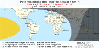 HilalMap: Peta Visibilitas Hilal Rabiul-Awwal 1381 H: rukyat tanggal 1961-8-11 M