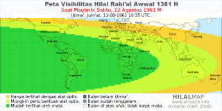 HilalMap: Peta Visibilitas Hilal Rabiul-Awwal 1381 H: rukyat tanggal 1961-8-12 M