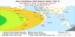HilalMap: Peta Visibilitas Hilal Rabiul-Akhir 1381 H: rukyat tanggal 1961-9-10 M