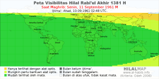 HilalMap: Peta Visibilitas Hilal Rabiul-Akhir 1381 H: rukyat tanggal 1961-9-11 M