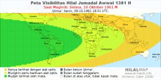 HilalMap: Peta Visibilitas Hilal Jumadal-Awwal 1381 H: rukyat tanggal 1961-10-10 M