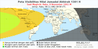 HilalMap: Peta Visibilitas Hilal Jumadal-Akhirah 1381 H: rukyat tanggal 1961-11-8 M