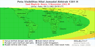 HilalMap: Peta Visibilitas Hilal Jumadal-Akhirah 1381 H: rukyat tanggal 1961-11-9 M