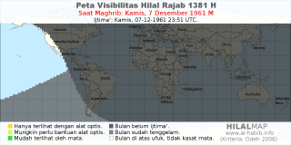 HilalMap: Peta Visibilitas Hilal Rajab 1381 H: rukyat tanggal 1961-12-7 M