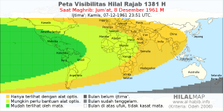 HilalMap: Peta Visibilitas Hilal Rajab 1381 H: rukyat tanggal 1961-12-8 M