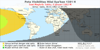 HilalMap: Peta Visibilitas Hilal Syaban 1381 H: rukyat tanggal 1962-1-6 M