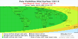 HilalMap: Peta Visibilitas Hilal Syaban 1381 H: rukyat tanggal 1962-1-7 M